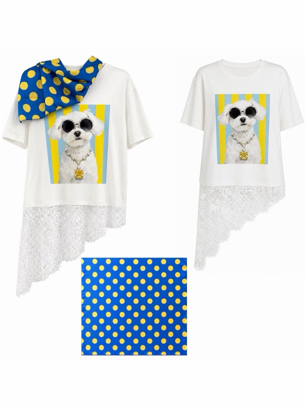 New Denim Love Maltipoo White Dog Lace Edge T-Shirt Blue Yellow Polka Dot Scarf